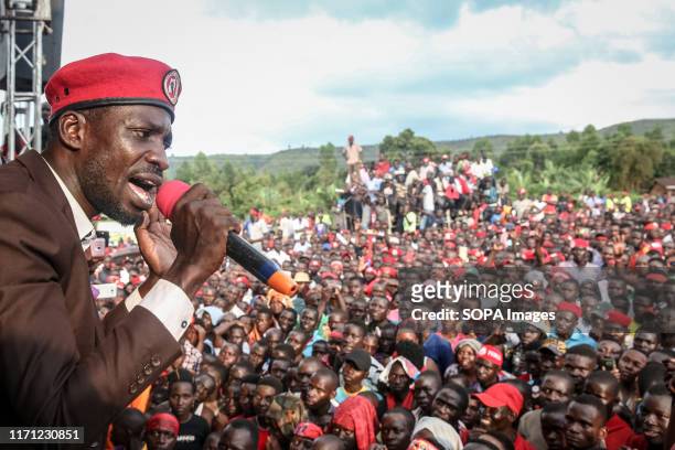 Bobi Wine, aka Robert Kyagulanyi, speaks during a rally in Hoima. Wine aka Robert Kyagulanyi, campaigned in Hoima ahead of a by-election. It was the...