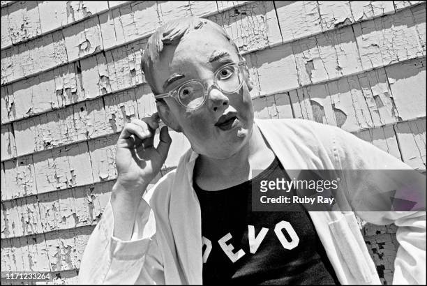 American New Wave musician Mark Mothersbaugh, of the band Devo and in character as Booji Boy, explores San Francisco, California, 1977.