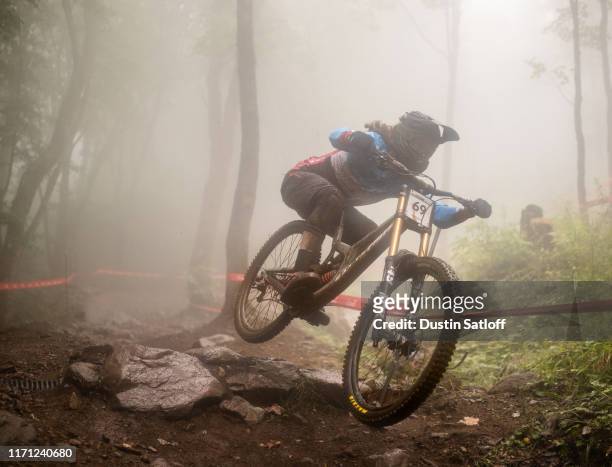 Samuel Thibault of Canada during the qualification for the Downhill race at the UCI Mountain Bike World Championships at Mont-Sainte-Anne on August...