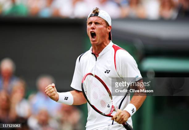 Lleyton Hewitt of Australia reacts to a play during his second round match against Robin Soderling of Sweden on Day Four of the Wimbledon Lawn Tennis...
