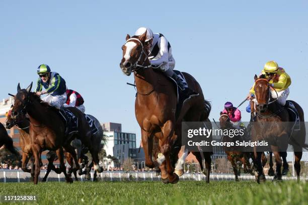 Jockey Ben Melham riding Pippie to win Race 7, Moët & Chandon Cockram Stakes during Melbourne Racing Memsie Stakes Day at Caulfield Racecourse on...