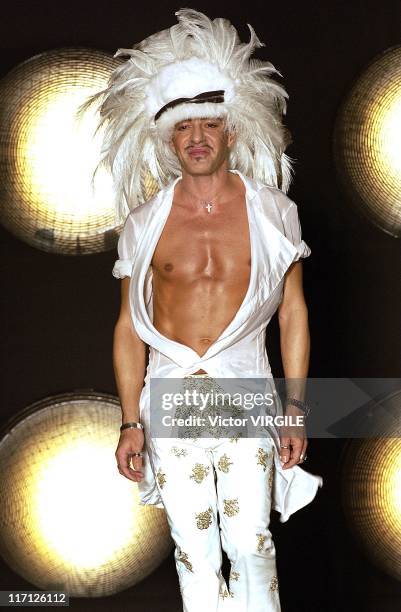 British fashion designer John Galliano at the finale of the Dior Haute Couture Fall/Winter 2002-03 show as part of the Paris Haute Couture Week on...