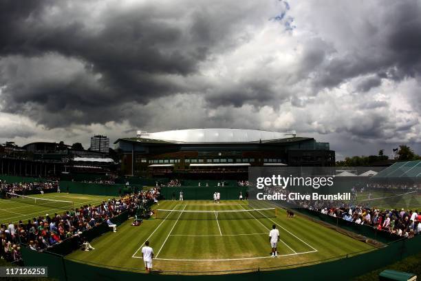 General view of Court 10 during the doubles first round match between Scott Lipsky and Rajeev Ram of the United States and Johan Brunstrom of Sweden...