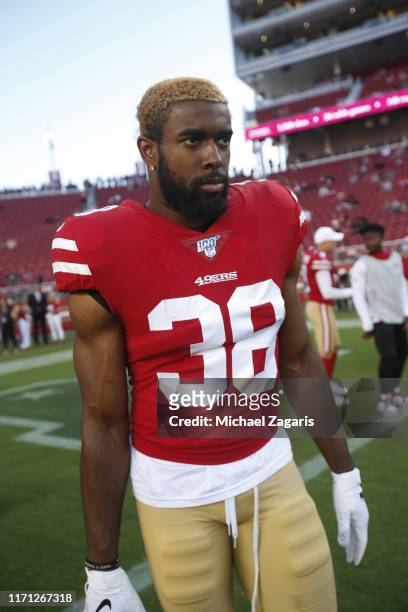Antone Exum Jr. #38 of the San Francisco 49ers stands on the field prior to the game against the Los Angeles Chargers at Levi's Stadium on August 29,...