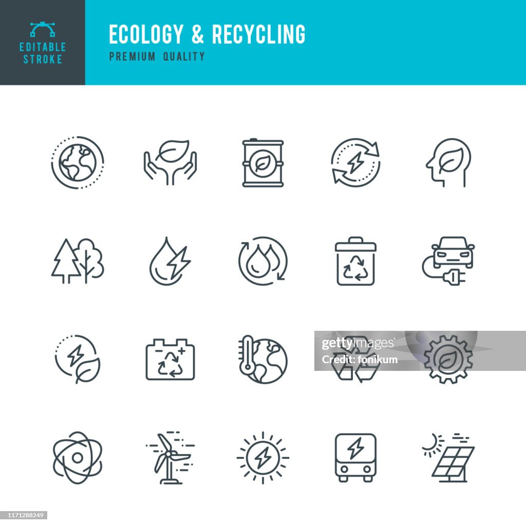 ECOLOGY & RECYCLING - conjunto de iconos vectoriales de línea. Trazo editable. Píxel perfecto. El conjunto contiene iconos como Cambio Climático, Energía Alternativa, Reciclaje, Tecnología Verde.