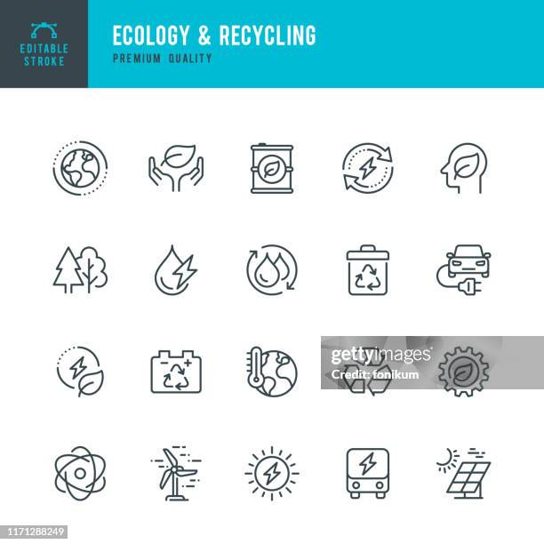 エコロジー&リサイクル - ラインベクトルアイコンのセット。編集可能なストローク。ピクセルパーフェクト。セットには、気候変動、代替エネルギー、リサイクル、グリーンテクノロジーな - environmental issues点のイラスト素材／クリップアート素材／マンガ素材／アイコン素材