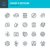 ECOLOGY & RECYCLING - set of line vector icons. Editable stroke. Pixel Perfect. Set contains such icons as Climate Change, Alternative Energy, Recycling, Green Technology.