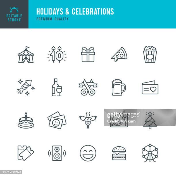 holidays & celebrations - vektorlinie icon set. bearbeitbarer strich. pixel perfekt. set enthält solche symbole wie party, zirkus, picknick, event, weihnachten, feuerwerk. - zirkus stock-grafiken, -clipart, -cartoons und -symbole
