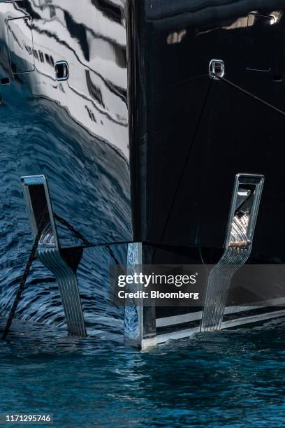 Mooring line runs from the prow of luxury superyacht Octo, manufactured by ISA Yachts, during the Monaco Yacht Show in Port Hercules, Monaco, on...