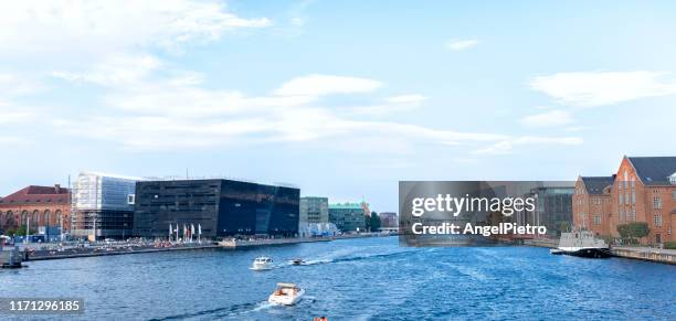 panoramic view of the copenhagen canal from one of its bridges - copenhague stock pictures, royalty-free photos & images