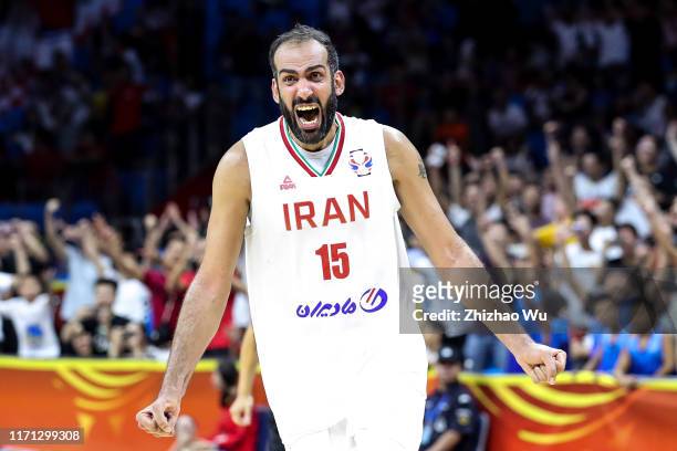 Hamed Haddadi of Iran celebrates a point during the match between Iran and Puerto Rico during the 1st round of 2019 FIBA World Cup at Guangzhou...