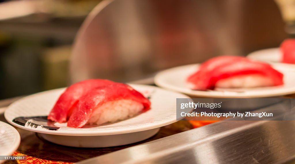 Japanese rotating sushi close up view