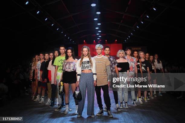 Models showcase designs during the Federation runway show at New Zealand Fashion Weekend 2019 on August 31, 2019 in Auckland, New Zealand.