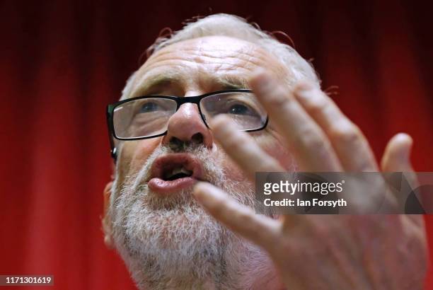 Labour Party leader Jeremy Corbyn addresses audience members during a campaign day at the Alive and Kicking Project building in Glasgow to voice...