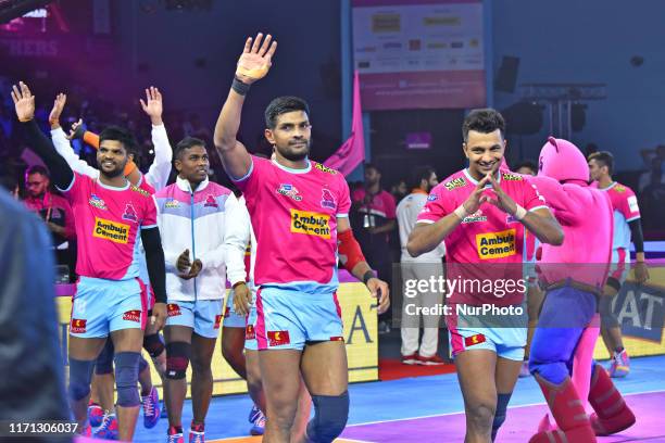 Jaipur Pink Panthers team during the Pro Kabaddi League match at SMS Indoor Stadium in Jaipur,Rajasthan, India, Sept 25, 2019.