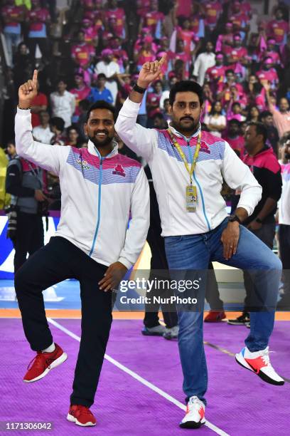 Bollywood actor &amp; owner of Jaipur Pink Panthers Abhishek Bachchan during the Pro Kabaddi League match at SMS Indoor Stadium in Jaipur,Rajasthan,...