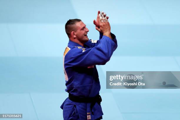 Lukas Krpalek of the Czech Republic celebrates winning over Hisayoshi Harasawa of Japan in the Men's +100kg final on day seven of the World Judo...