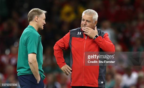 Coaches Joe Schmidt and Warren Gatland in conversation before the International match between Wales and Ireland at Principality Stadium on August 31,...