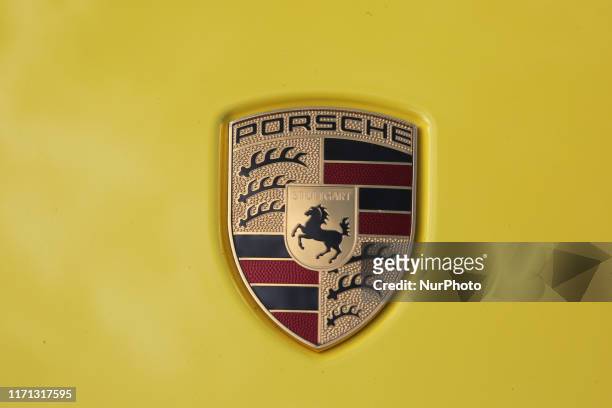 Porsche logo seen on a Porsche GT3 RS during an exotic sports car show in Mississauga, Ontario, Canada, on September 22, 2019.