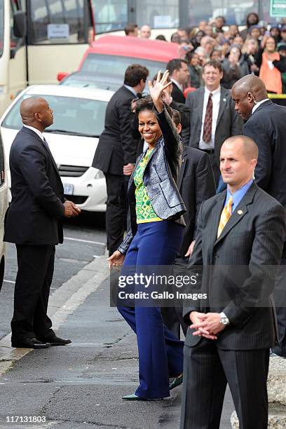 First lady Michelle Obama leaves the District Six Museum on June 23, 2011 in Cape Town, South Africa. The First Lady, along with her daughters and...