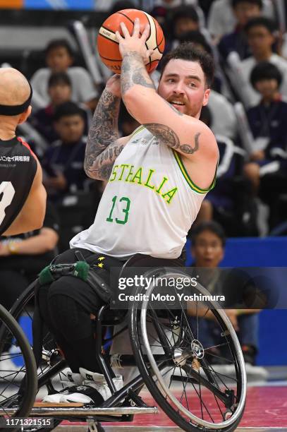 Luke Pople during the Wheelchair Basketball World Challenge match between Japan and Australia at Musashino Forest Plaza on August 30, 2019 in Chofu,...