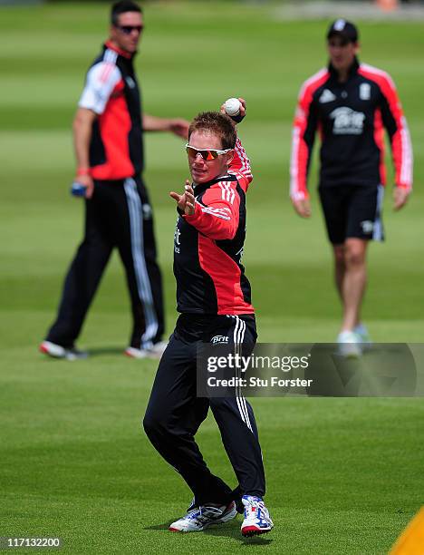 England batsman Eoin Morgan in action during an England net session at the county ground on June 23, 2011 in Bristol, England.