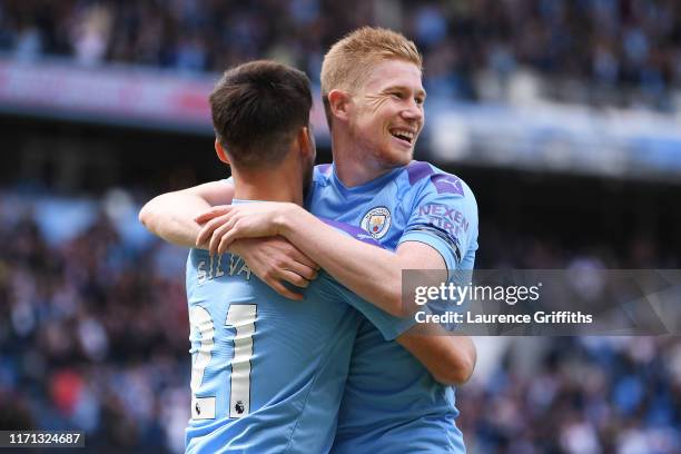 Kevin De Bruyne of Manchester City celebrates with teammate David Silva of Manchester City after scoring his team's first goal during the Premier...