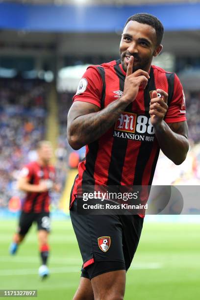 Callum Wilson of AFC Bournemouth celebrates after scoring his team's first goal during the Premier League match between Leicester City and AFC...