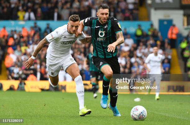 Ben White of Leeds United battles for the ball with Borja Gonzalez of Swansea City during the Sky Bet Championship match between Leeds United and...