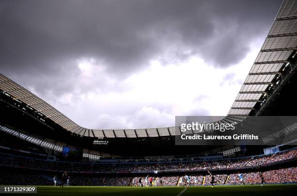 General view inside the stadium during the Premier League match between Manchester City and Brighton & Hove Albion at Etihad Stadium on August 31,...