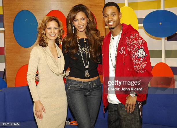 Rocsi, Beyonce and Terrence J during Beyonce Knowles Visits BET's 106 & Park - December 4, 2006 at BET Studios in New York City, New York, United...