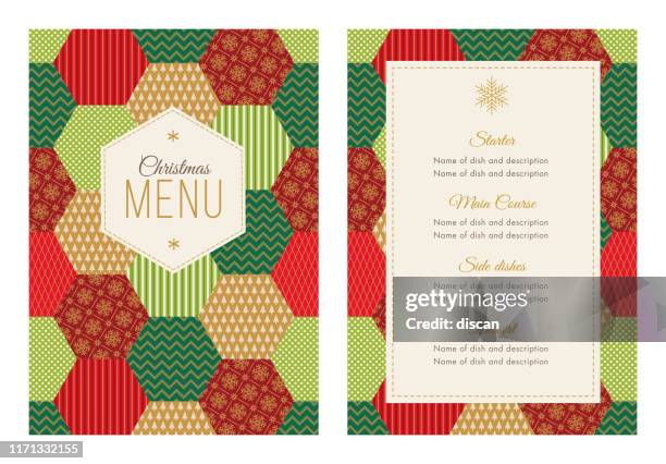 christmas menu template with winter patchwork. - menu specials stock illustrations