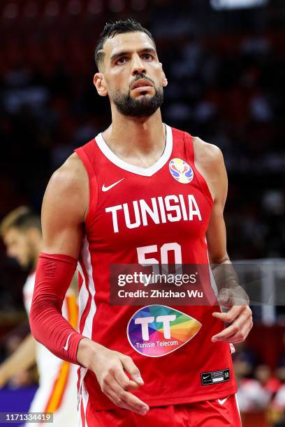 Salah Mejri of Tunisia celebrates a point during the 2019 FIBA World Cup, first round match between Spain and Tunisia at Guangzhou Gymnasium on...