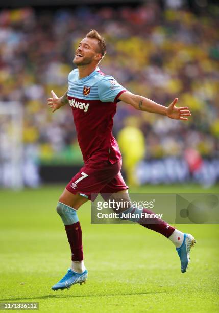 Andriy Yarmolenko of West Ham United celebrates after scoring his team's second goal during the Premier League match between West Ham United and...