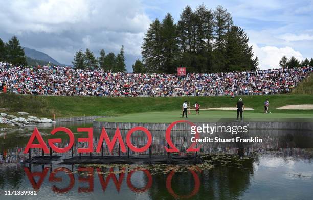 General view of the 13th hole during Day three of the Omega European Masters at Crans Montana Golf Club on August 31, 2019 in Crans-Montana,...