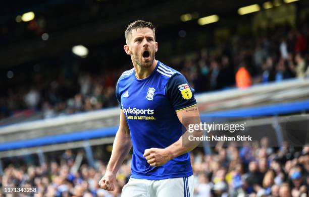Lukas Jutkiewicz of Birmingham City celebrates as he scores their first goal during the Sky Bet Championship match between Birmingham City and Stoke...
