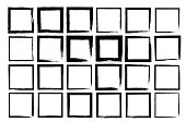 Set of vector squares with irregular stroke. Rough brush strokes. Different thickness of drawn lines.