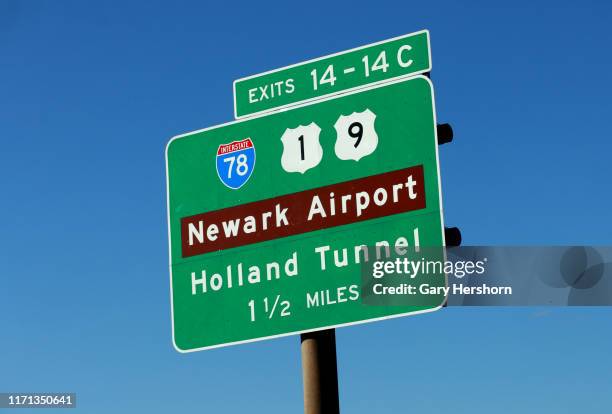 An exit sign is seen on the New Jersey Turnpike on August 29, 2019 in Newark, New Jersey.