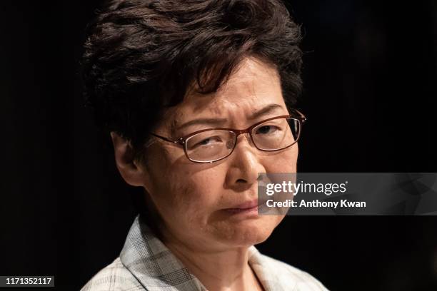 Hong Kong Chief Executive Carrie Lam attends the first community dialogue session with 150 randomly selected members of the public on September 26,...