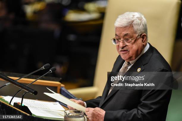 Palestinian President Mahmoud Abbas speaks during the 74th United Nations General Assembly at the United Nations on September 26, 2019 in New York...