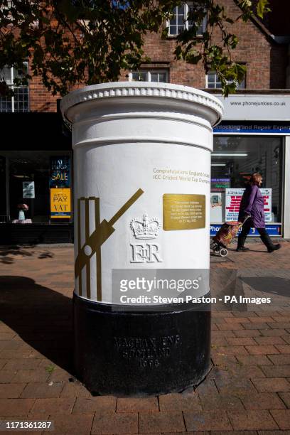 White Royal Mail postbox celebrates both England's win the ICC Cricket World Cup in 2019 and England Women's World Cup win in 2017 on the high street...