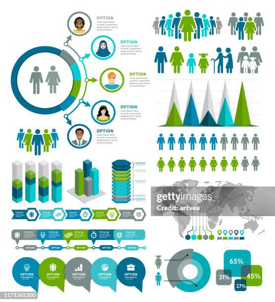 illustrazioni stock, clip art, cartoni animati e icone di tendenza di elementi infografici demografici - demografia