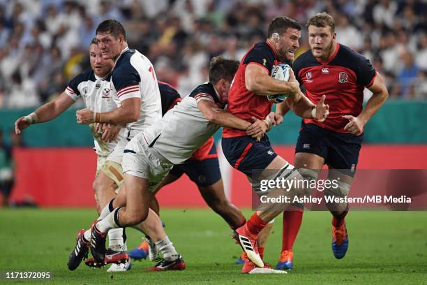 England's Mark Wilson in action during the Rugby World Cup 2019 Group C game between England and USA at Kobe Misaki Stadium on September 26, 2019 in...