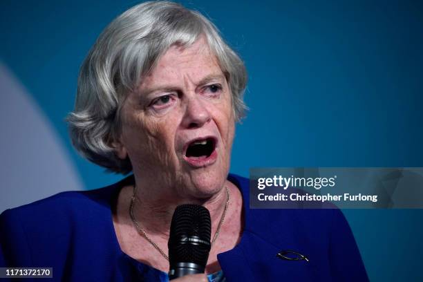 Brexit Party MEP Ann Widdecombe speaks during the Brexit Party Conference tour at the Kent Event Centre, Kent Showground on September 26, 2019 in...