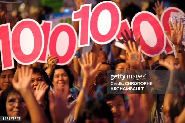 Supporters hold up '10' signs during a r Supporters hold up '10' signs during a r