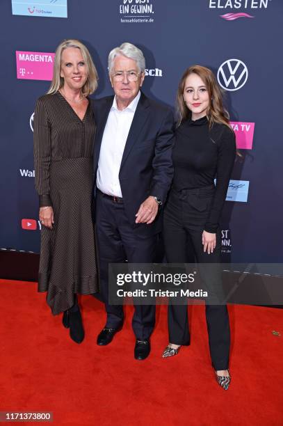 Frank Elstner, his wife Britta Gessler and their daughter Enya Elstner attend the YouTube Goldene Kamera Digital Awards at Kraftwerk on September 26,...