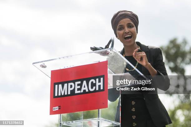 Rep. Ilhan Omar speaks at a rally hosted by Progressive Democrats of America on Capitol Hill on September 26, 2019 in Washington, DC. House Speaker...