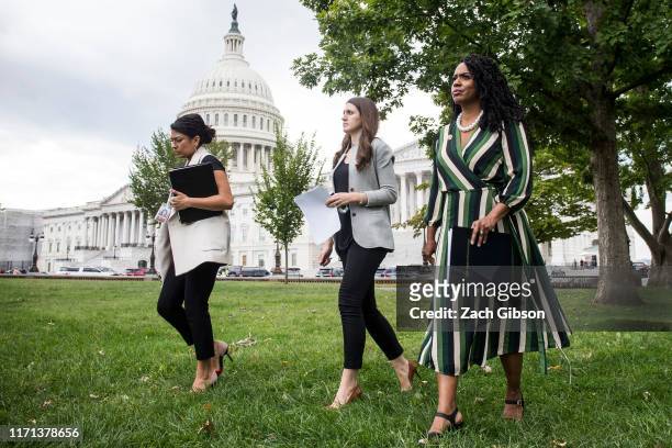 Rep. Ayanna Pressley arrives before speaking at a rally hosted by Progressive Democrats of America on Capitol Hill on September 26, 2019 in...