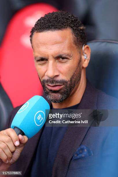 Rio Ferdinand presents for BT sport ahead of the Premier League match between Southampton FC and Manchester United at St Mary's Stadium on August 31,...