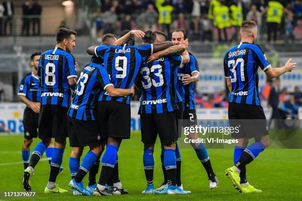 Internazionale FC celebrate the goal of Danilo D'Ambrosio of Internazionale FC during the Lega Calcio Serie A TIM match between FC Internazionale and...